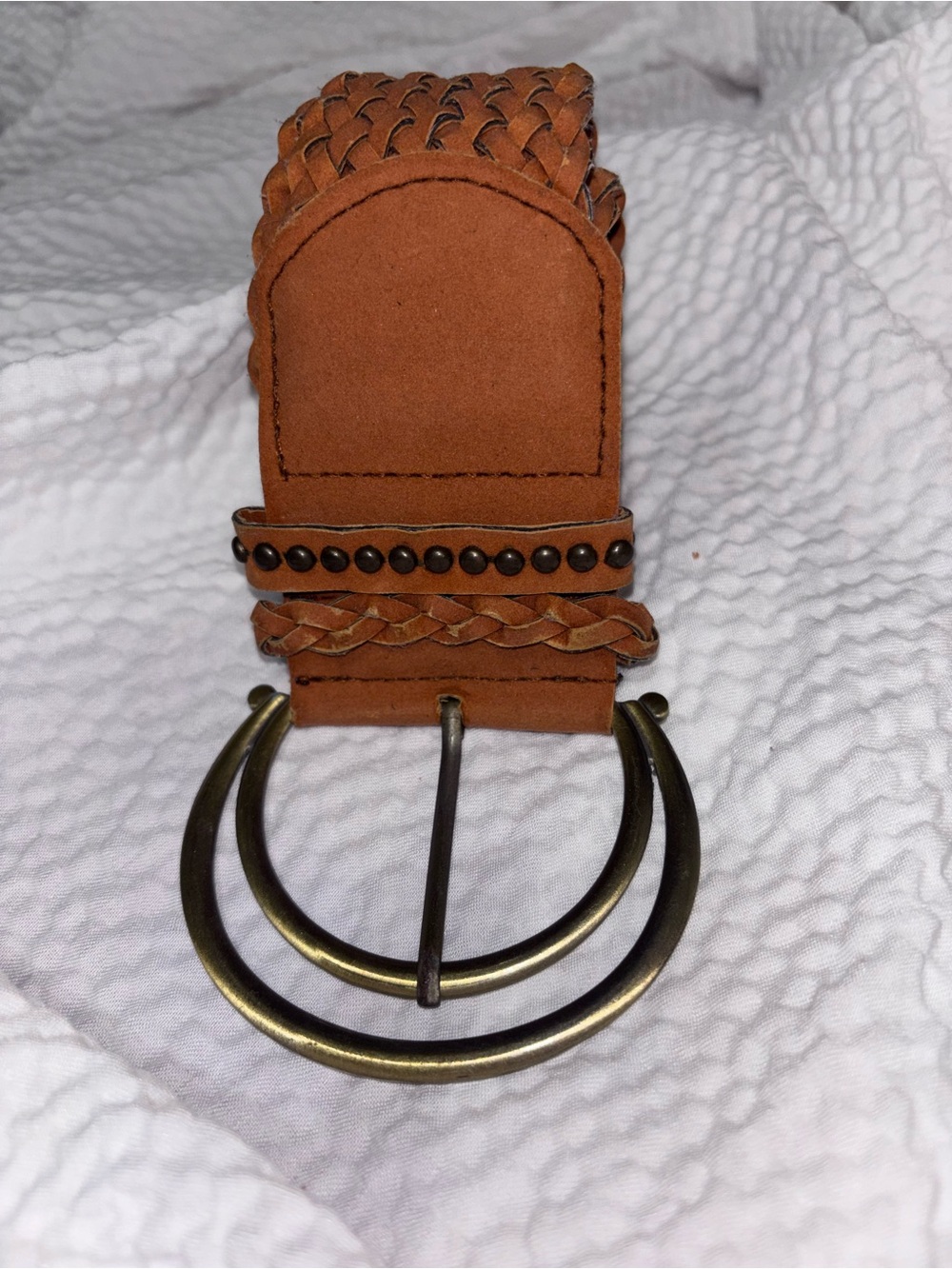 Source Unknown Tan Braided Leather Belt with Antique Brass Double Ring Buckle